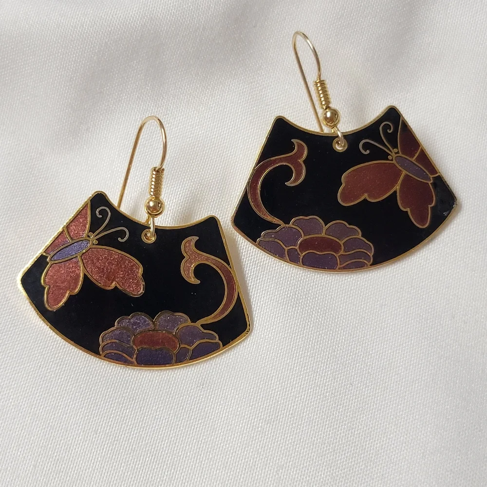 Vintage Samuel Huang Cloisonne Earrings - Floral Butterfly - NWT Gold Filled